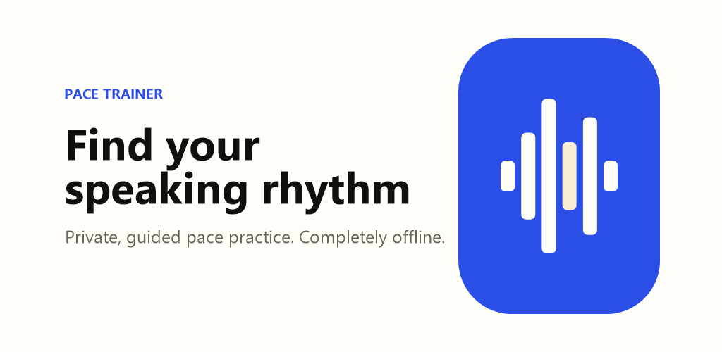 Pace Trainer feature artwork with a colourful waveform and the phrase Find your speaking rhythm
