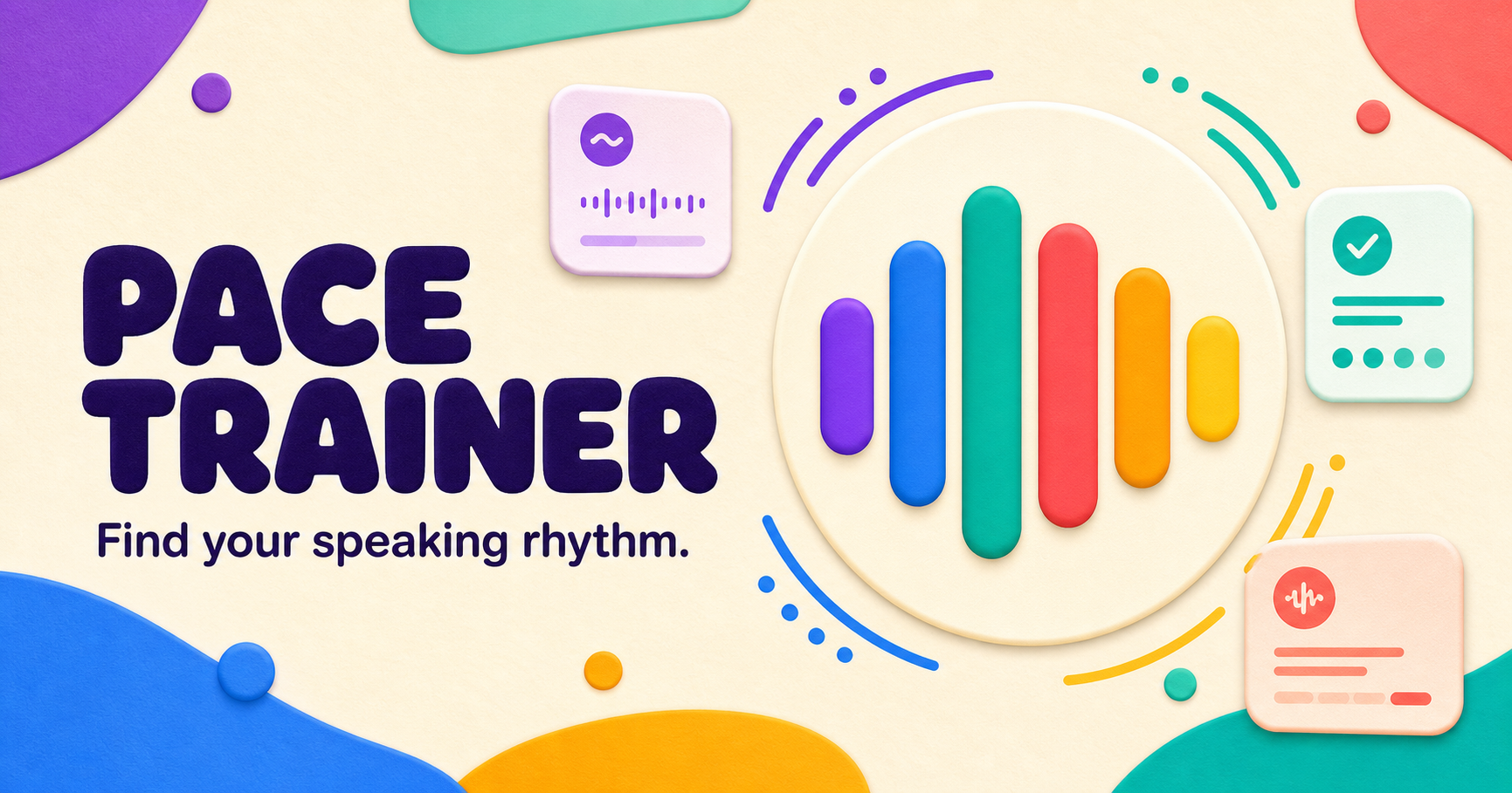 Pace Trainer artwork with colourful waveform bars and the words Find your speaking rhythm